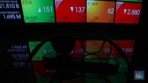 Foto: Karyawan melintas di dekat layar pergerakan Indeks Harga Saham Gabungan (IHSG) di gedung Bursa Efek Indonesia, Jakarta, Rabu (6/10/2021). Indeks Harga Saham Gabungan berhasil mempertahankan reli dan ditutup terapresiasi 2,06% di level 6.417 pada perdagangan Rabu (06/10/2021).